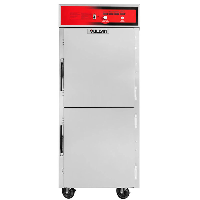 Vulcan VCH16 insulated cook and hold cabinet, full height stainless steel with two half doors on casters, front view