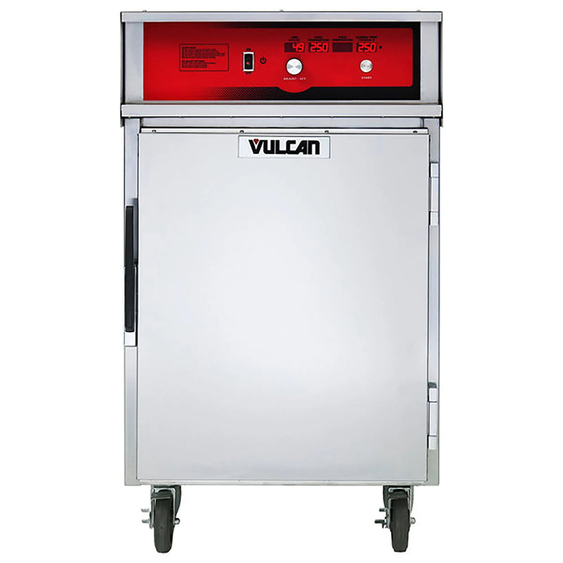 Vulcan VCH8 insulated cook and hold cabinet, stainless steel with red control panel on casters, front view
