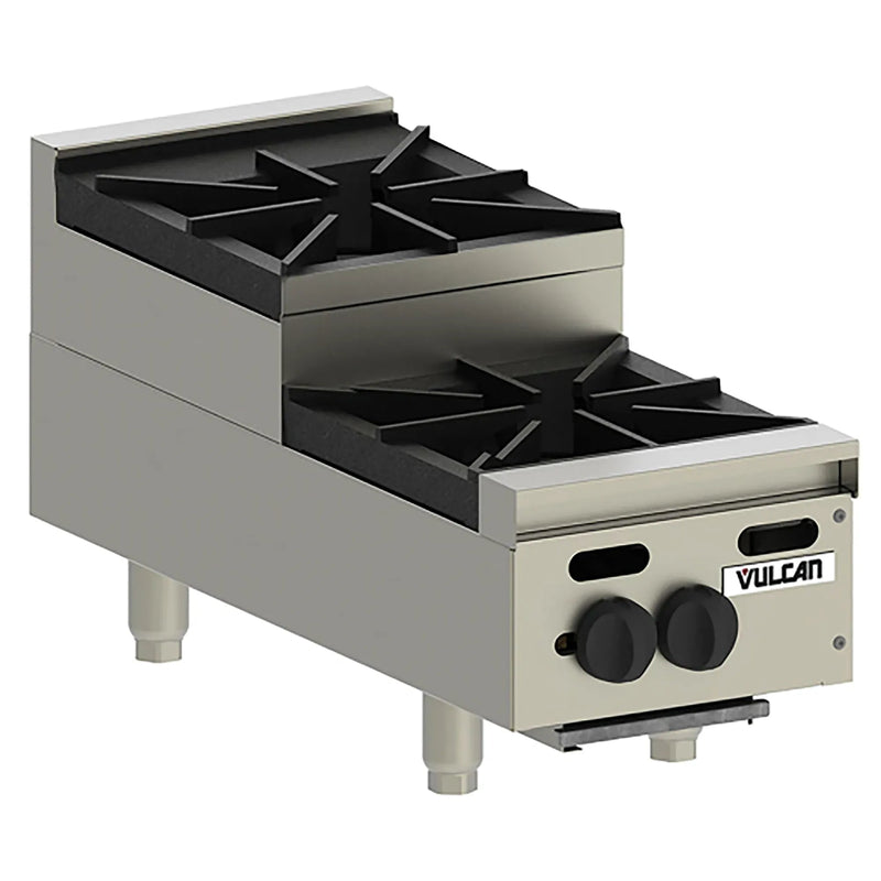 Vulcan VHP series gas step-up open burner, two burner stainless steel countertop unit with raised rear burner