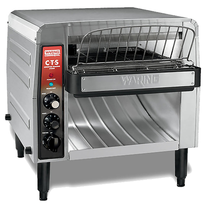 Waring CTS1000B heavy duty high volume conveyor toaster in stainless steel with three control dials, angled view