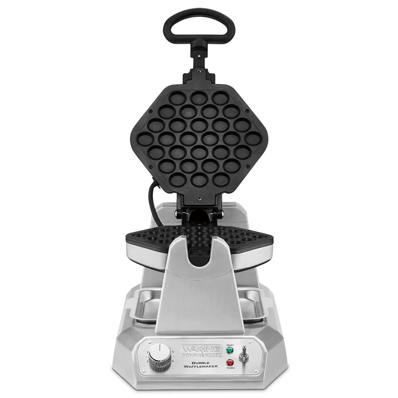 Waring WBW300X bubble waffle maker with stainless steel base, lid open showing the black bubble waffle plates