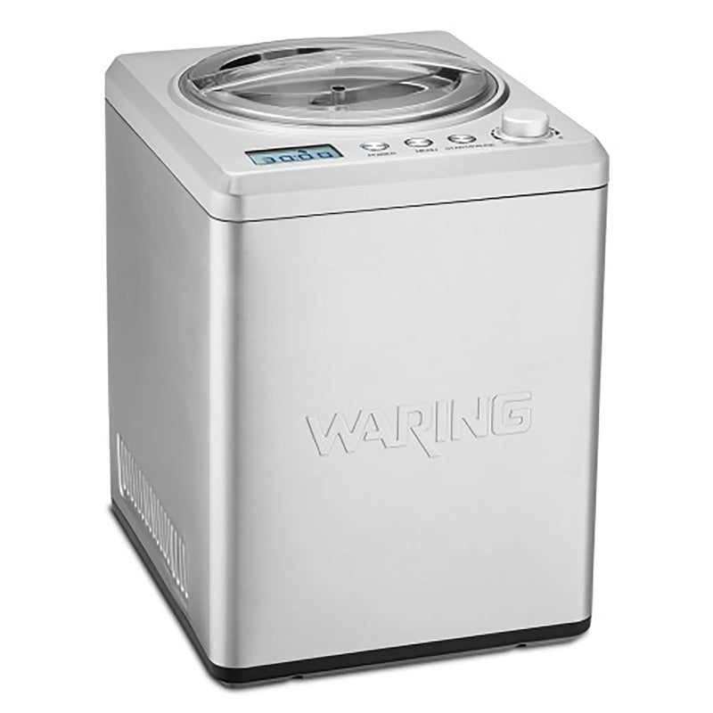Waring WCIC25 countertop 2.5 quart ice cream maker with brushed stainless steel housing, angled left view