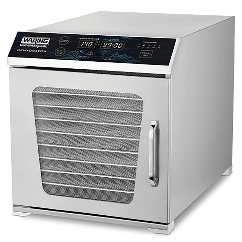 Waring WDH10 commercial 10 tray dehydrator in stainless steel with glass swing door closed, angled left view