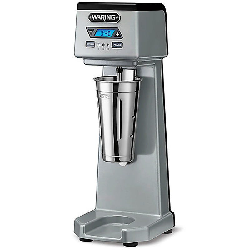 Waring WDM120TX single-spindle drink mixer with timer, grey housing and stainless steel cup, angled view