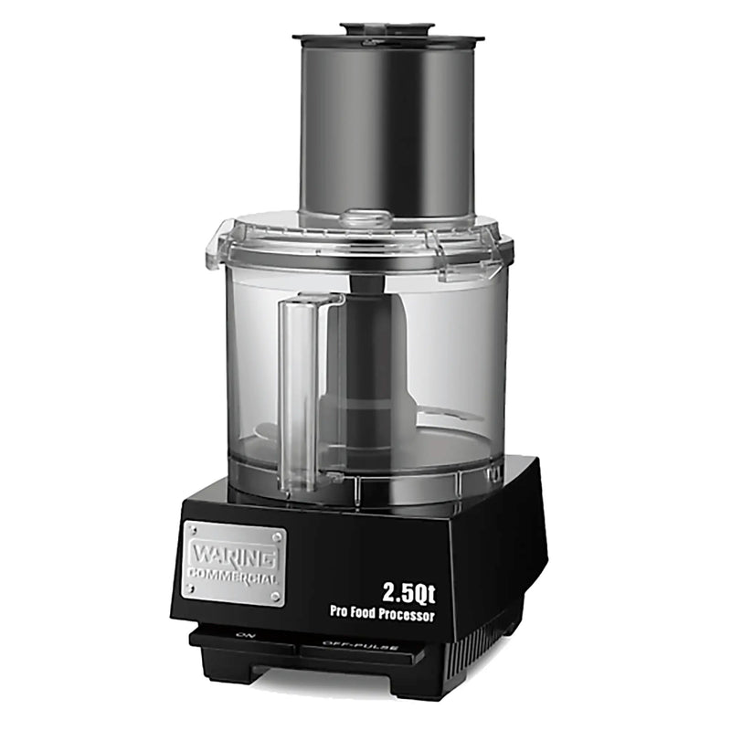 Waring WFP11S 2.5 quart food cutter and processor combo with black base and clear bowl, front view