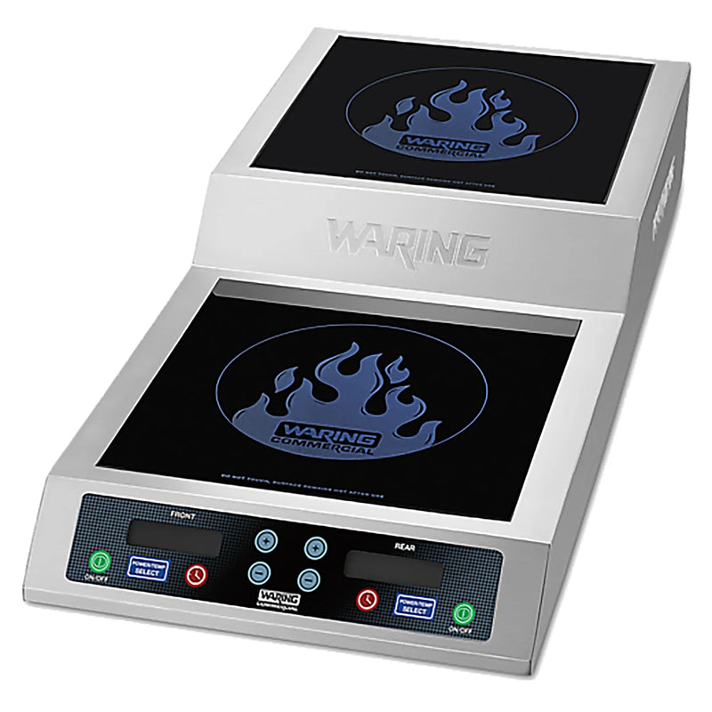 Waring WIH800 step up double induction burner in stainless steel with two black glass hobs, angled view