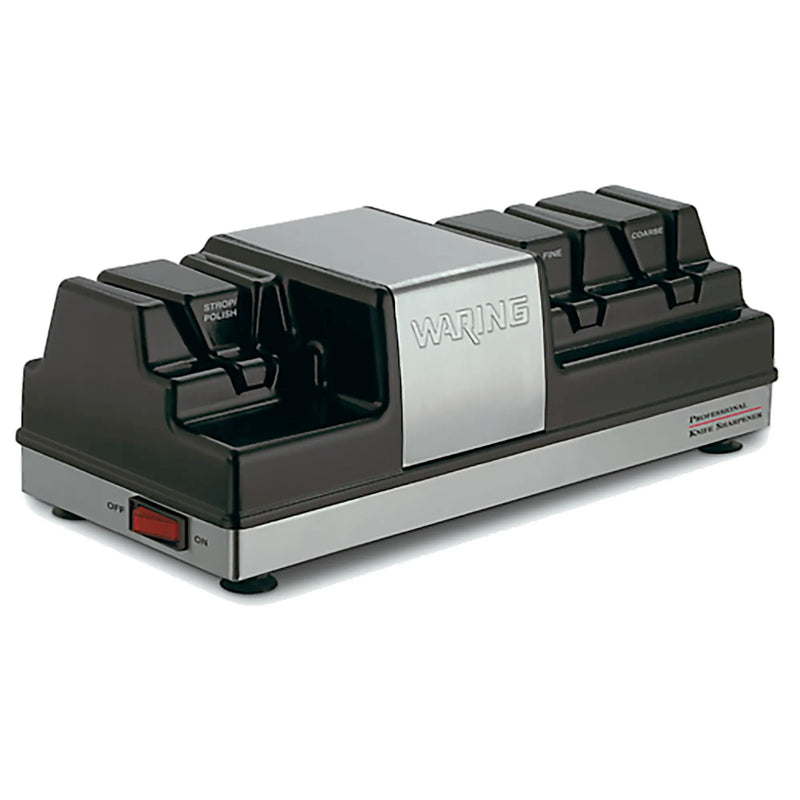 Waring WKS800 electric knife sharpener with black and brushed stainless steel housing, angled view