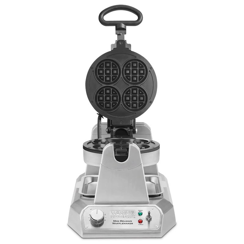 Waring WMB400X mini Belgian waffle maker with stainless steel base, lid open showing four round plates