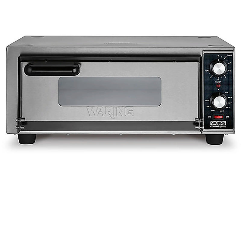 Waring WPO100 medium duty single deck countertop pizza oven in stainless steel with window door, front view