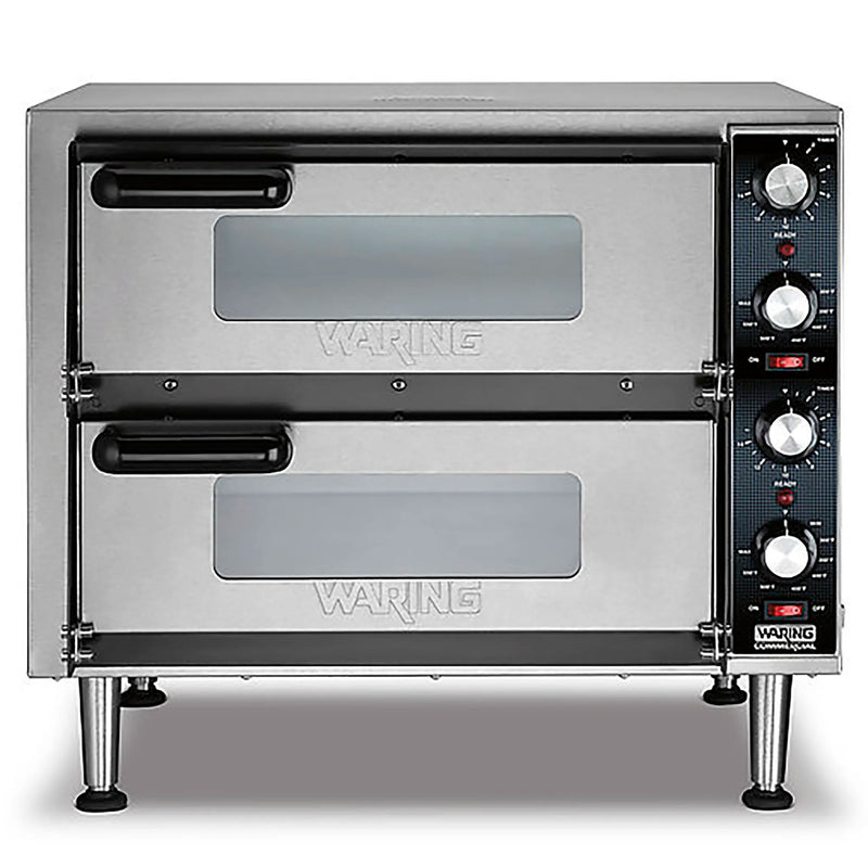 Waring WPO350 medium duty double deck pizza oven in stainless steel on legs with both doors closed, front view