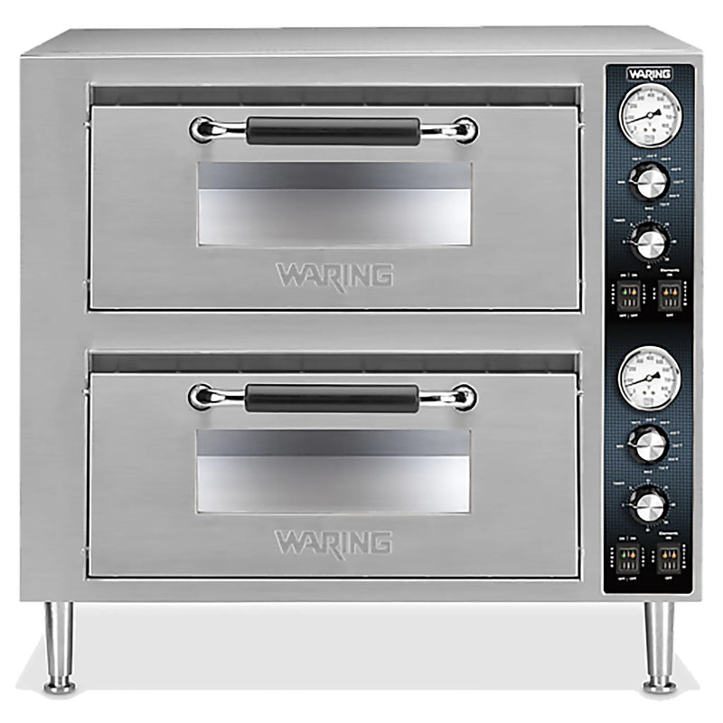 Waring WPO750 heavy duty double deck double door oven in stainless steel on legs with doors closed, front view