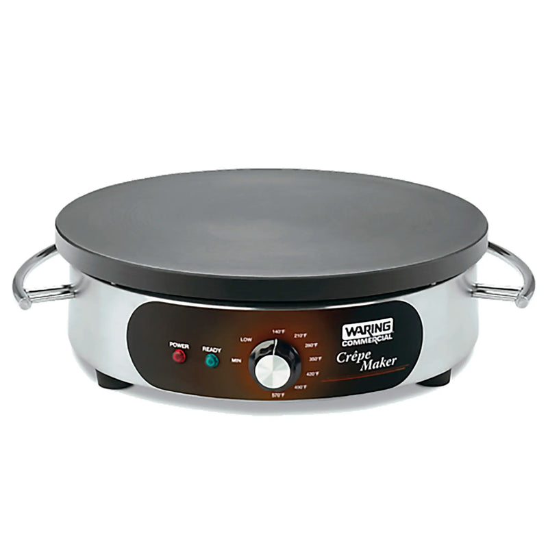 Waring WSC160X electric 16-inch crepe maker with black cooking surface, stainless base and handles, front view