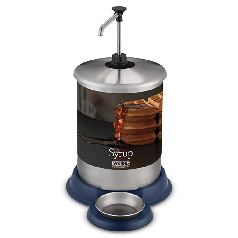 Waring WSD1G 1-gallon syrup dispenser with stainless steel pump, clear jar and blue base, front view