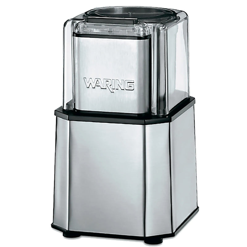 Waring WSG30 heavy duty spice grinder with brushed stainless steel housing and clear lid, front view