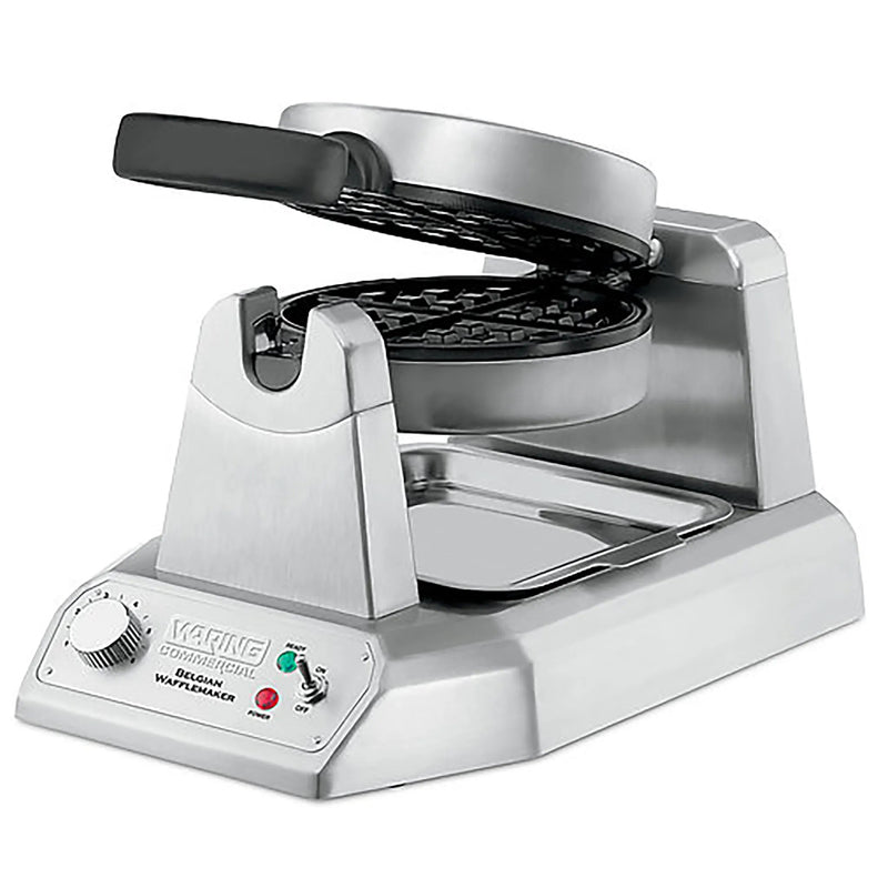Waring WW180X single Belgian waffle maker with stainless steel base, lid partly open, angled view