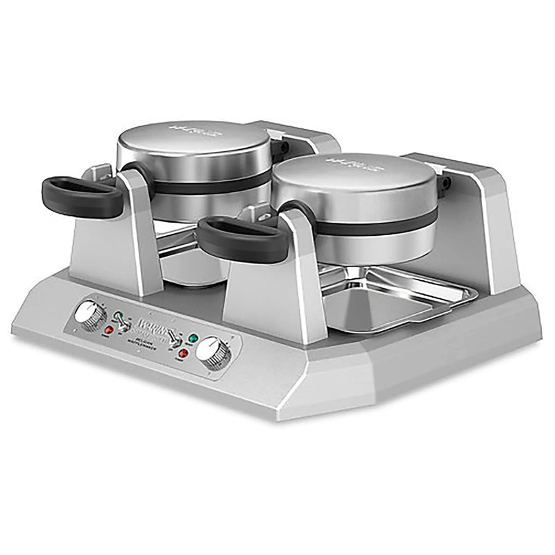 Waring WW250X2 side by side single Belgian waffle maker, two stainless steel units on one base, angled