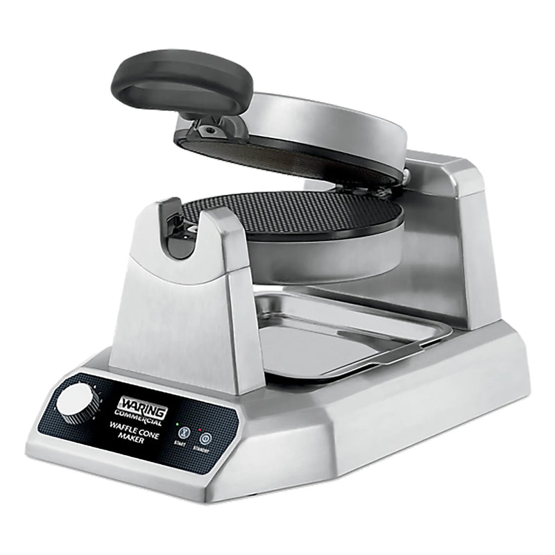 Waring WWCM180 single waffle cone maker with stainless steel base and digital controls, lid partly open