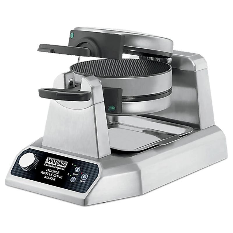 Waring WWCM200 double waffle cone maker with stacked chambers and digital controls, angled view