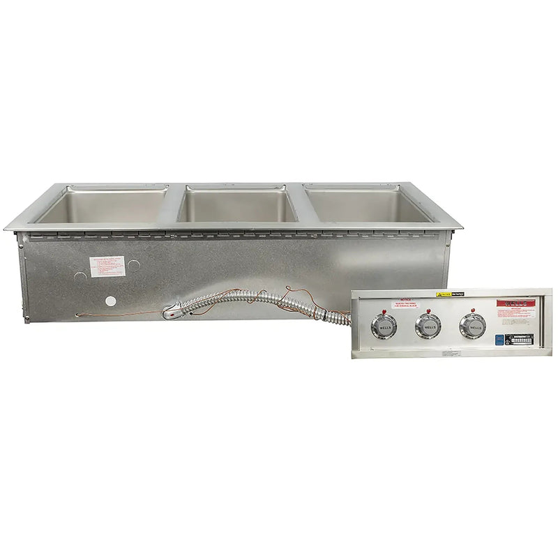 Wells MOD-300TDM triple drop-in insulated hot food well in stainless steel with remote three-knob control panel