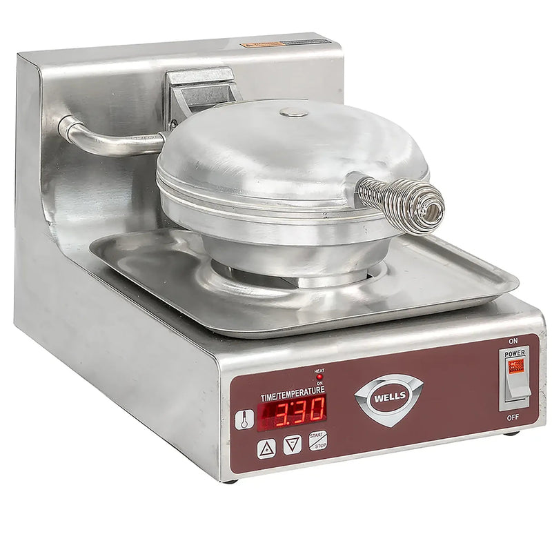 Wells WB1E heavy duty single 7-inch grid waffle baker, 120V, stainless steel with lid closed and digital timer