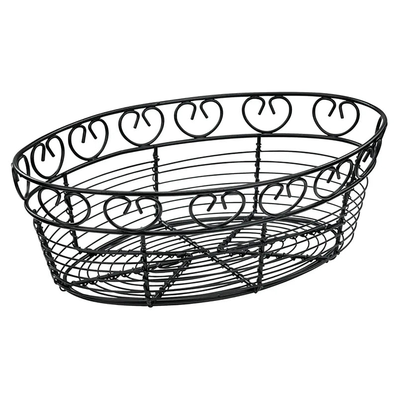 Winco 10-inch oval wire serving basket, black metal wire bread basket with decorative scroll rim, empty