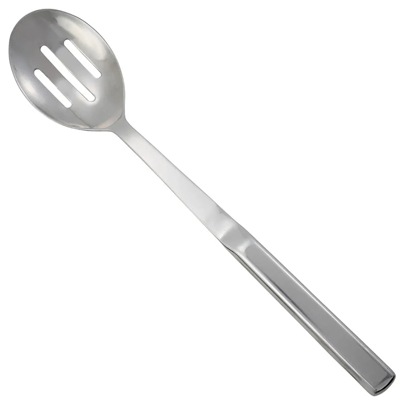 Winco 11.75-inch stainless steel slotted serving spoon with hollow handle, satin finish, top view