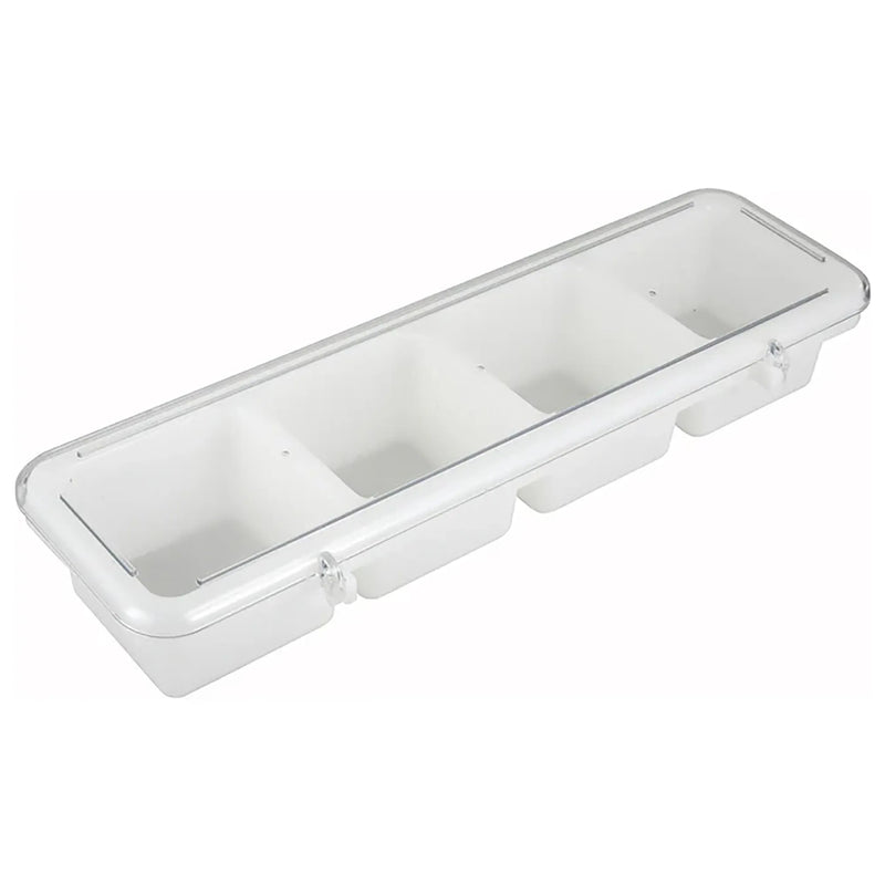 Winco 4 compartment plastic condiment holder with clear hinged lid and white removable garnish inserts