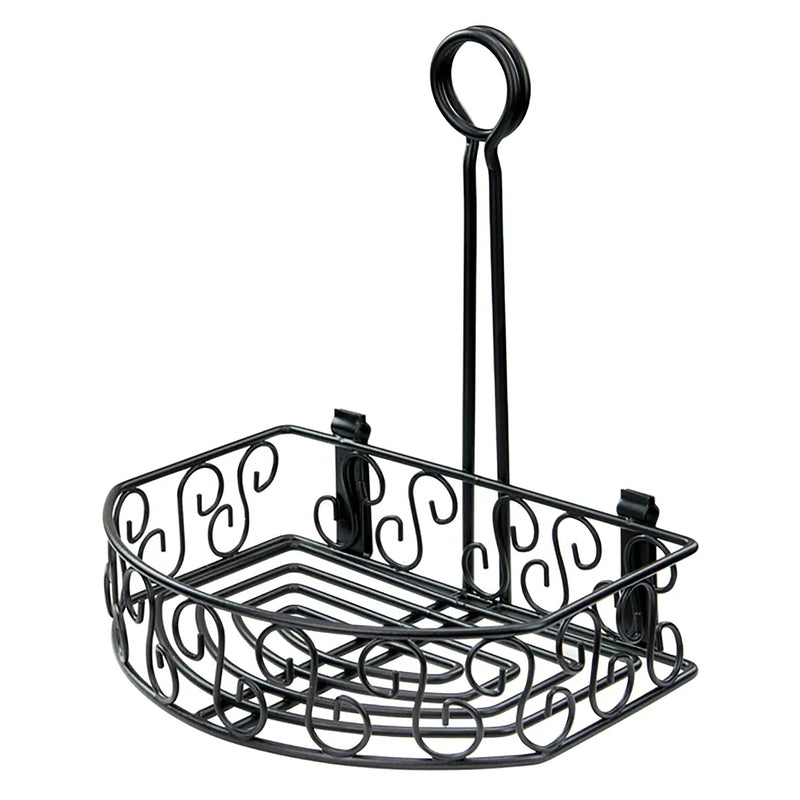 Winco 6-inch flat-back wire condiment caddy, black scrollwork wire holder with tall loop carry handle