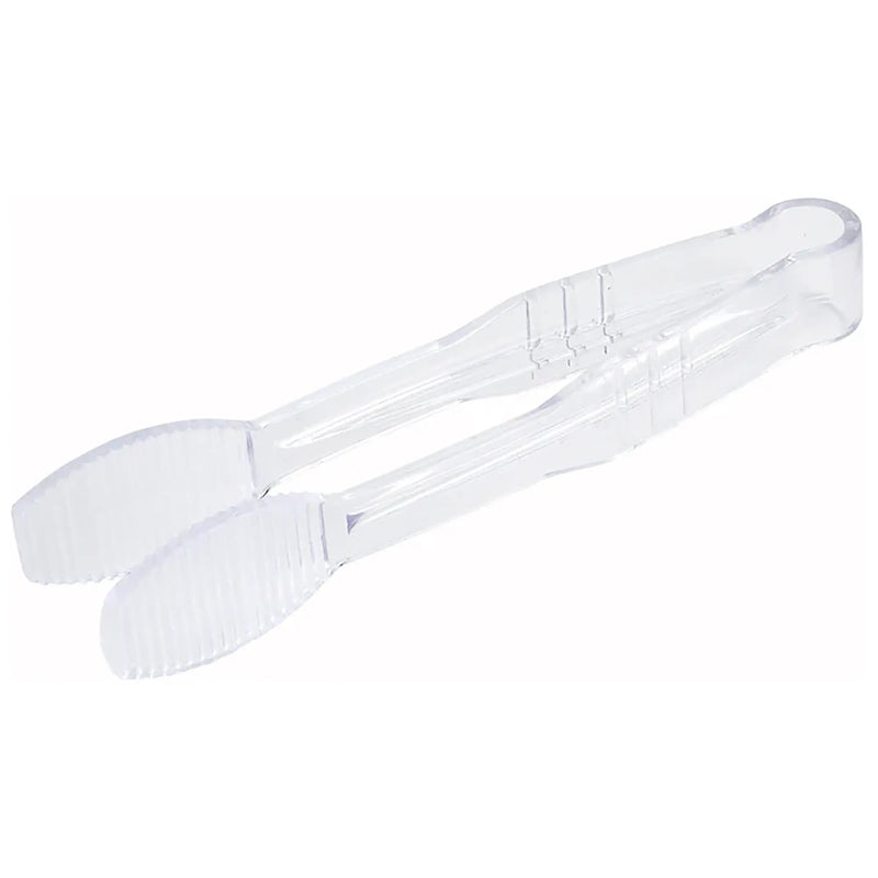 Winco 6-inch polycarbonate flat tongs in clear, one-piece serving tongs with flat grips, angled view