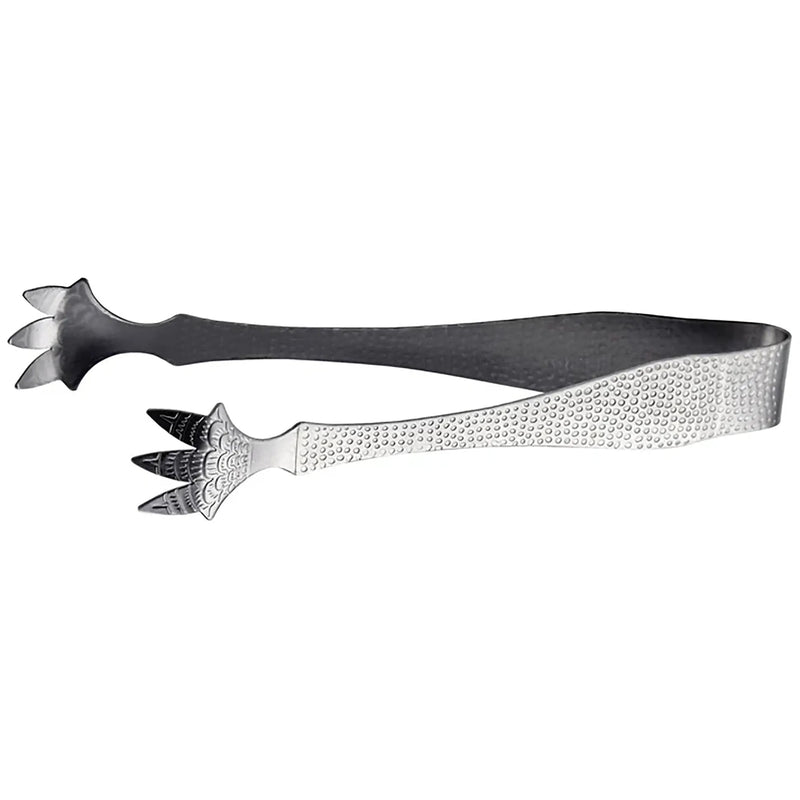 Winco 7 inch 5-pronged stainless steel ice tong with textured grip, shown open from the side