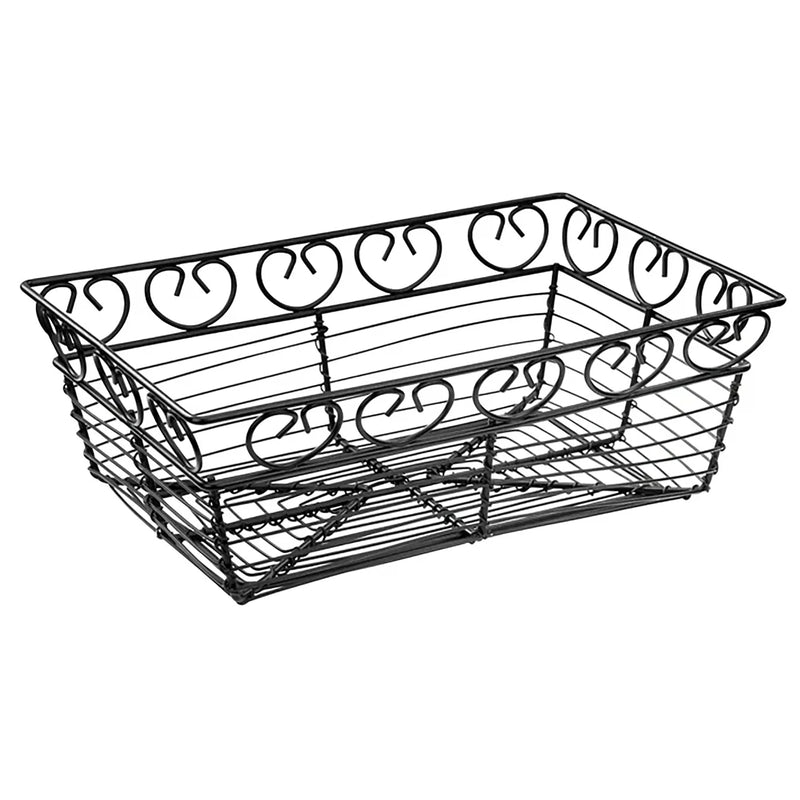 Winco 9-inch rectangular wire serving basket, black metal wire basket with decorative scroll border, empty