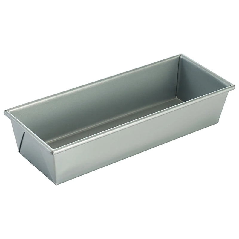 Winco aluminized steel loaf pan with silicone glaze and folded corners, empty rectangular pan, angled view