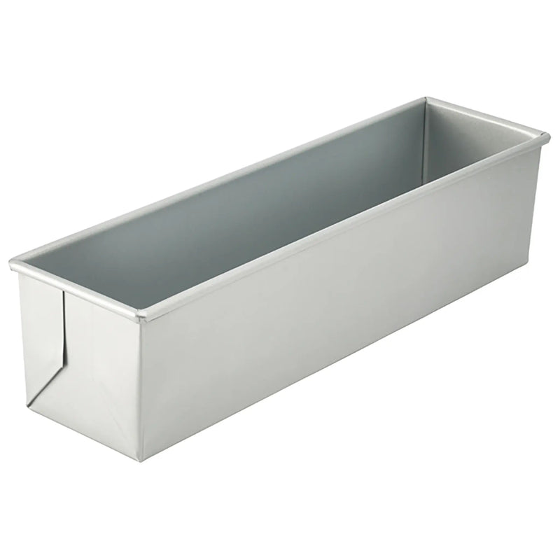 Winco aluminized steel Pullman pan with silicone glaze, open rectangular bread pan without lid, angled view