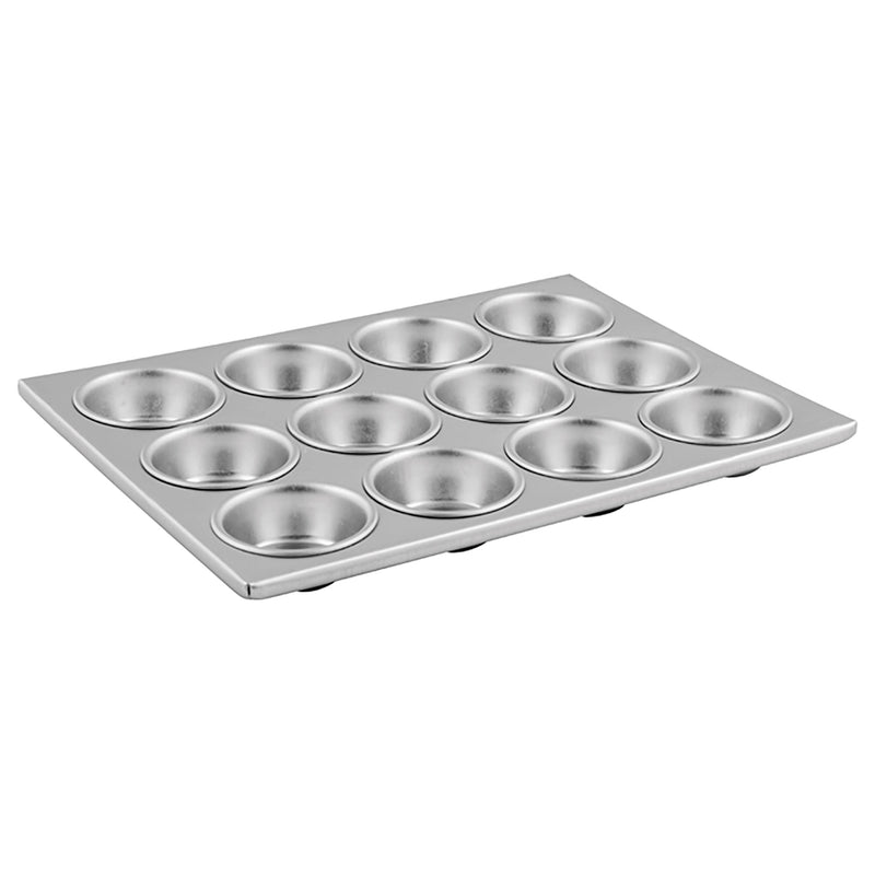 Winco aluminum muffin pan with 12 cups in three rows of four, smaller size option shown at an angle