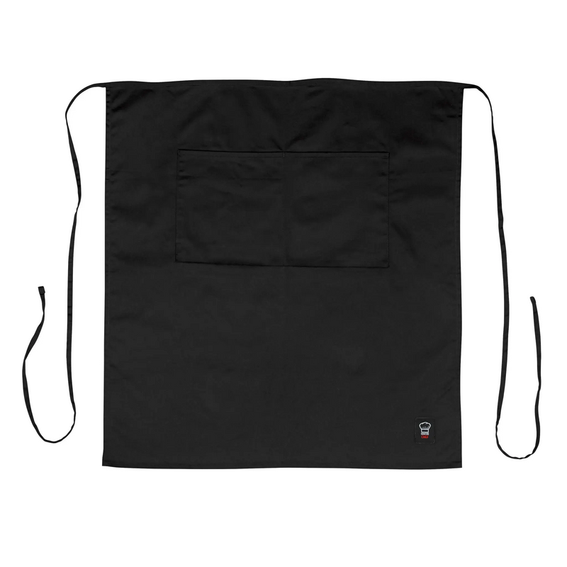 Winco bistro full length apron in black, front view showing the knee-length cut, divided front pocket and ties