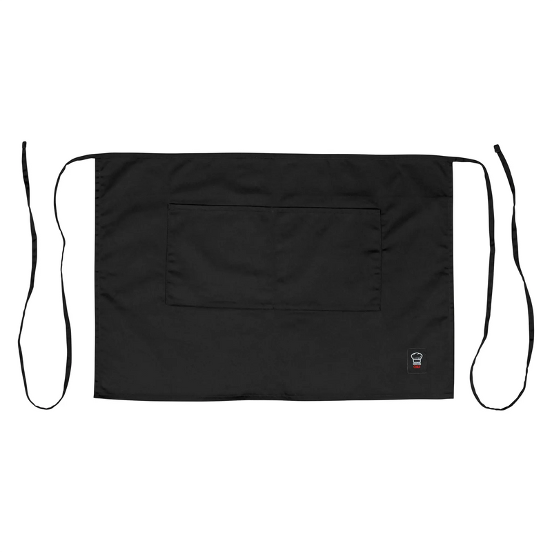 Winco bistro half length apron in black, front view showing the wide front pocket and long black waist ties