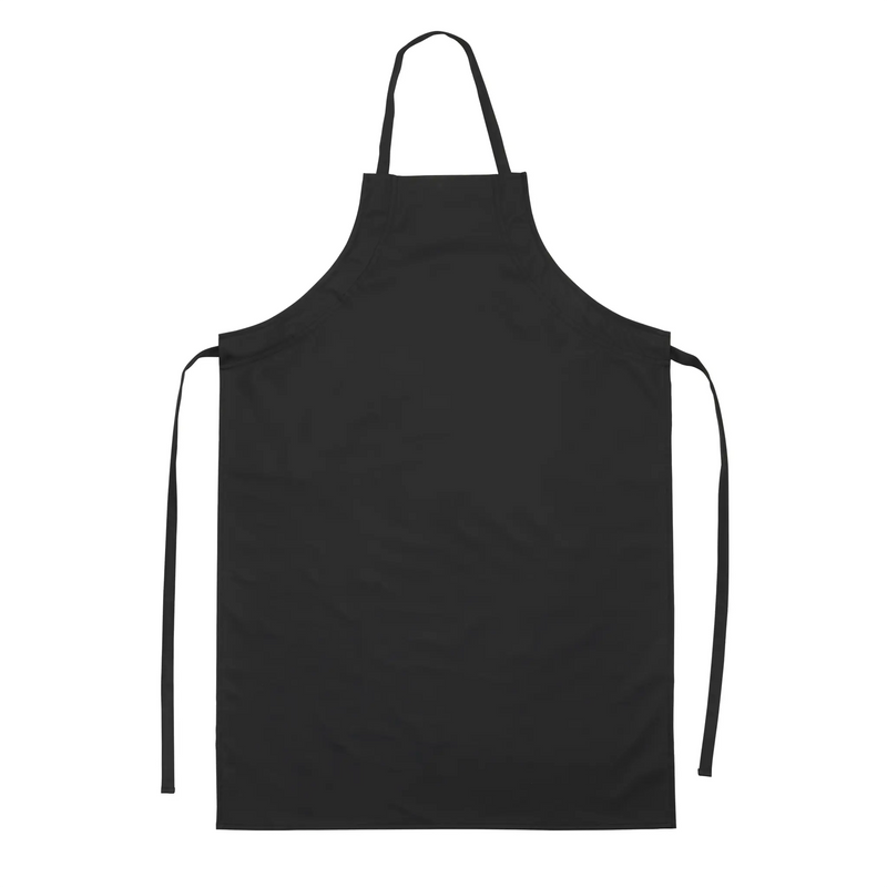 Winco black lightweight dishwashing apron, full-length bib style with adjustable neck strap and long waist ties