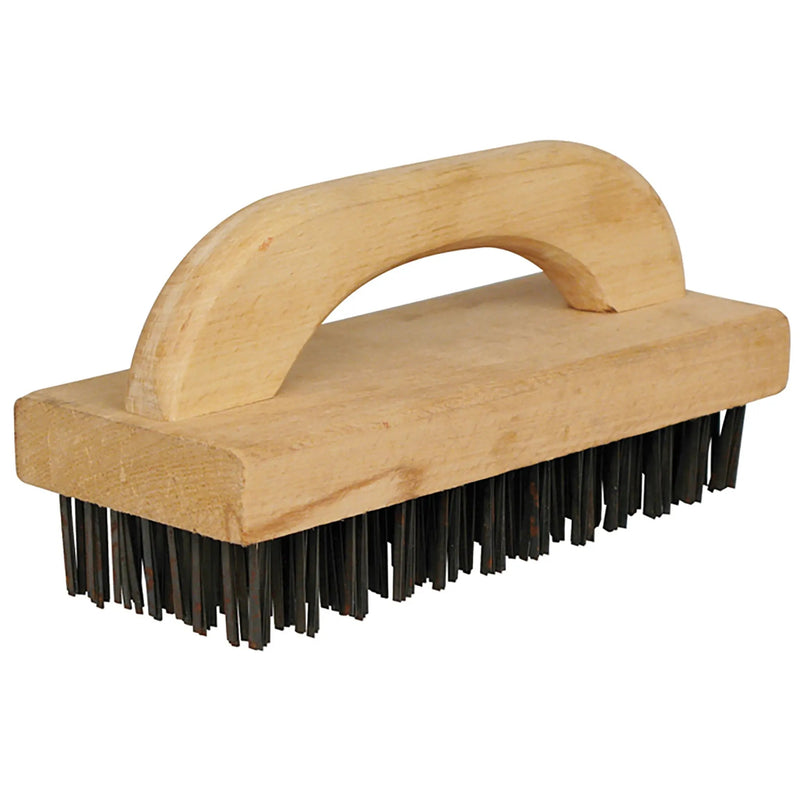 Winco butcher block brush with steel bristles, natural wooden block body with built-in wooden handle
