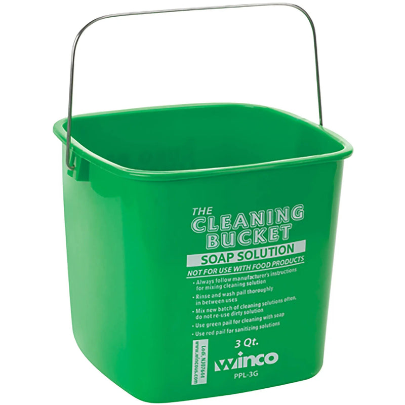 Winco cleaning bucket, green 3 qt soap solution pail PPL-3G with printed instructions and wire handle