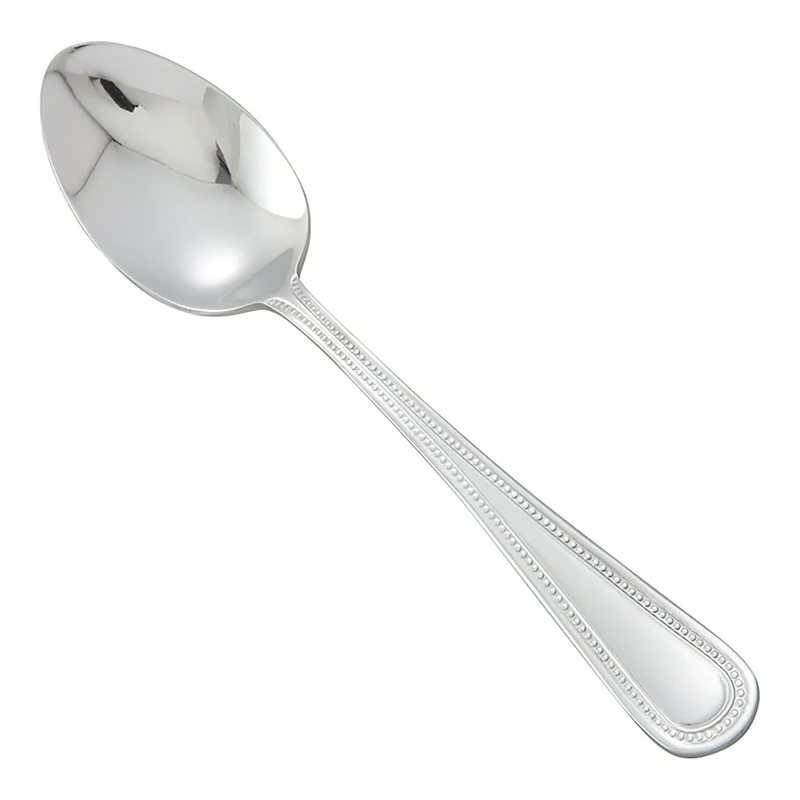 Winco Dots flatware dinner spoon, polished stainless steel spoon with raised dot pattern along the handle edge