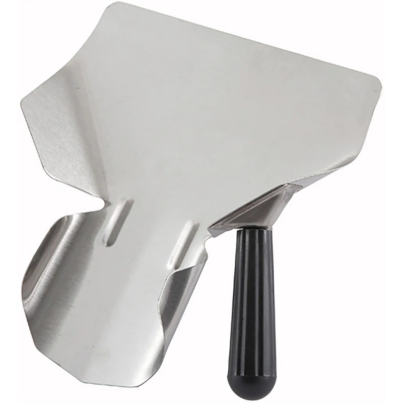 Winco French fry bagger with handle, stainless steel scoop with single black handle and wide angled mouth