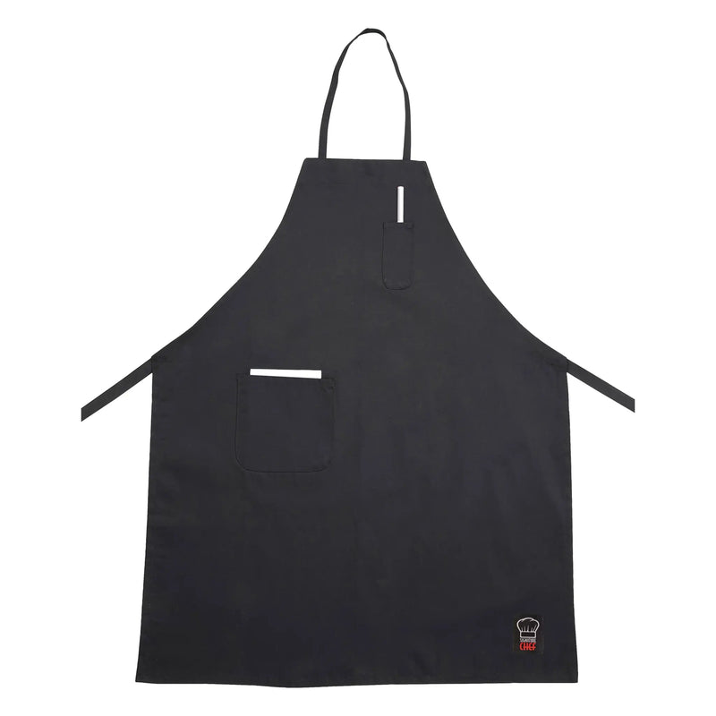 Winco full-length bib apron with pockets in black, front view showing the neck strap, chest pen pocket and waist ties