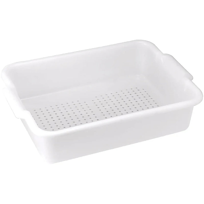 Winco heavyweight white polypropylene perforated bus box with drain holes in the base and side handles