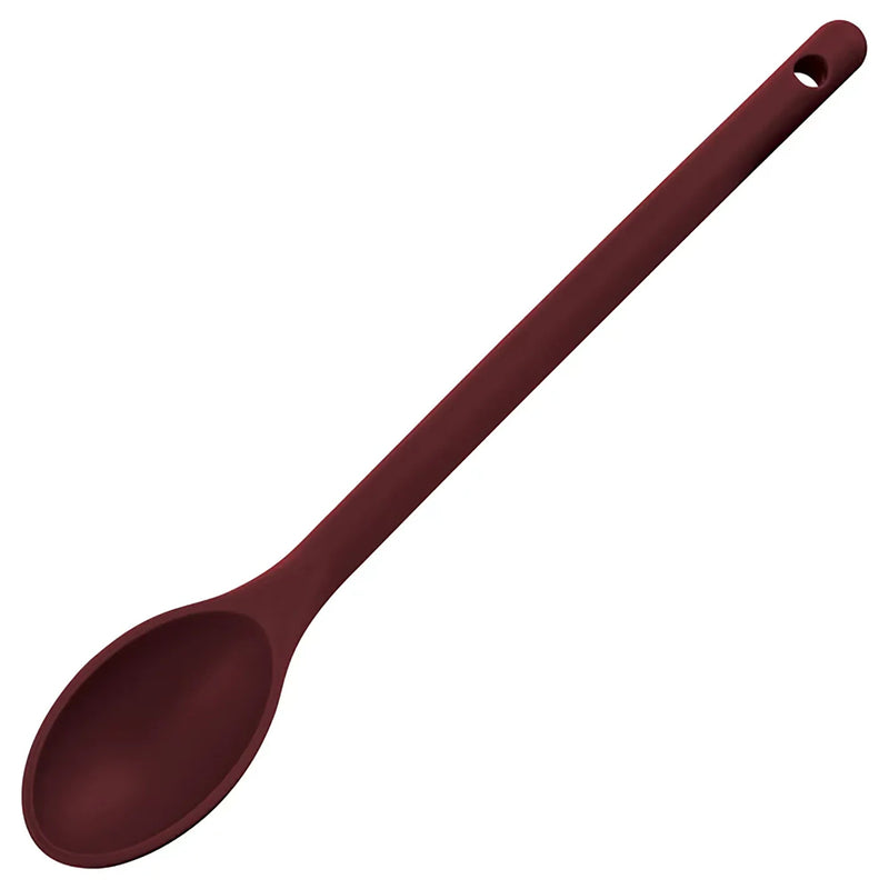 Winco high heat nylon spoon in brown, long solid mixing spoon with hanging hole in the handle