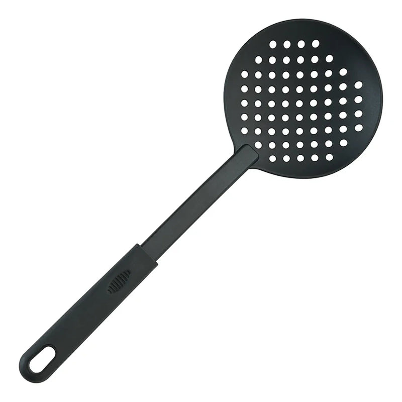 Winco nylon skimmer, black high-heat nylon round perforated skimmer with hanging hole in handle