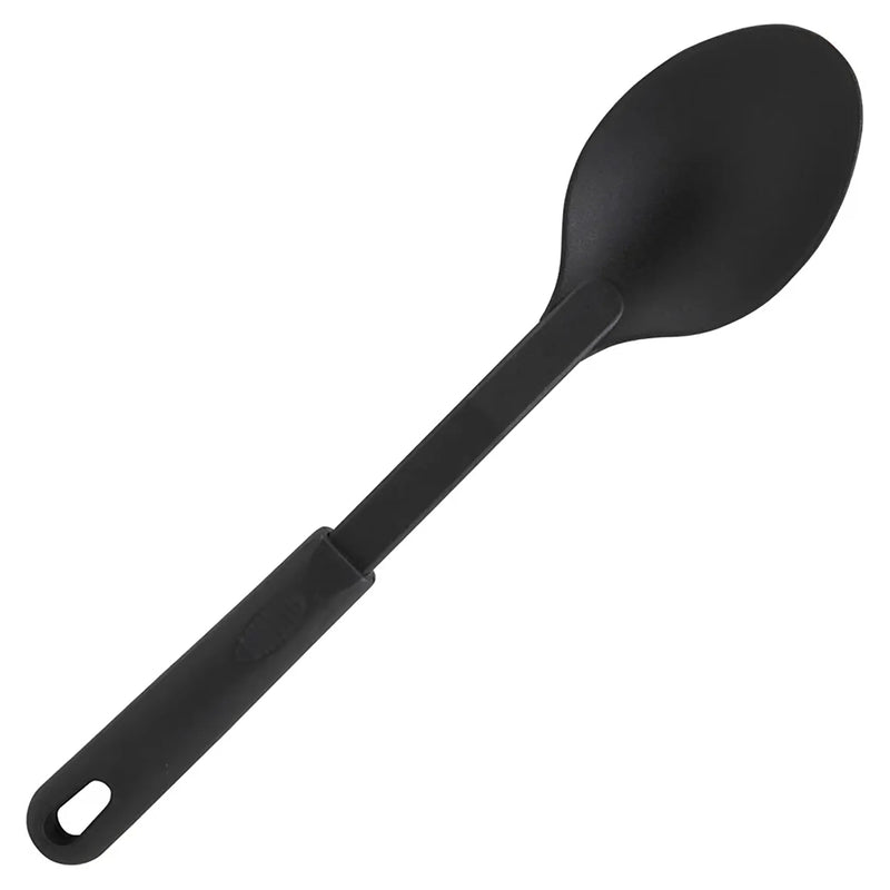 Winco black nylon solid spoon with long handle and hanging hole, top view of the full utensil