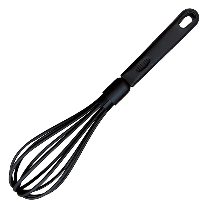 Winco black nylon whisk with heat-resistant wires and hanging hole in the handle, full length