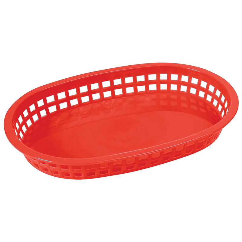 Winco oval platter baskets in red, woven-look plastic fast food serving basket, sold in a pack of 12