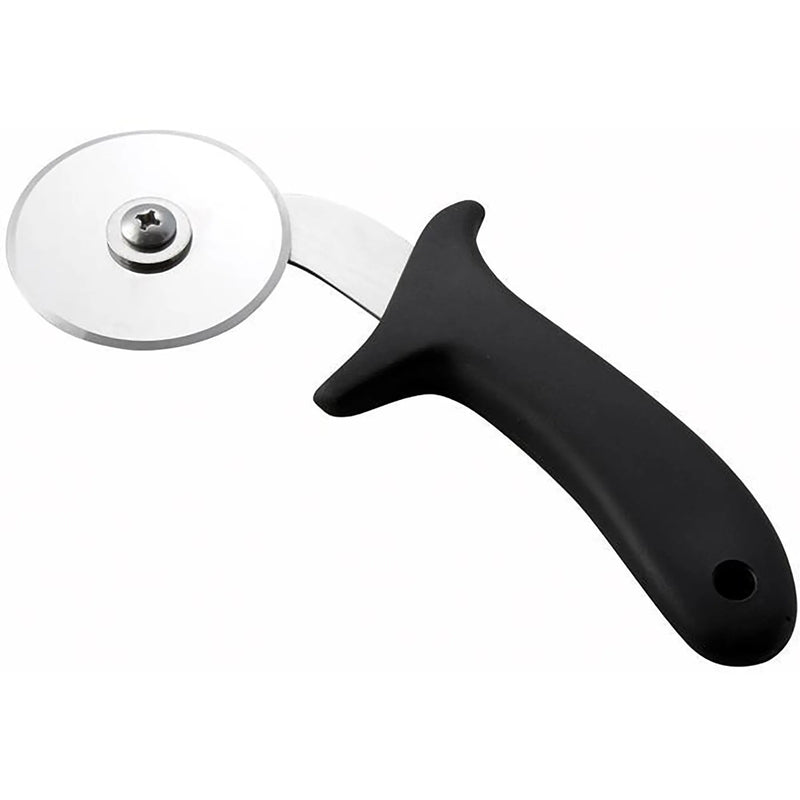 Winco pizza cutter with stainless steel wheel and black polypropylene handle with hanging hole, smaller size