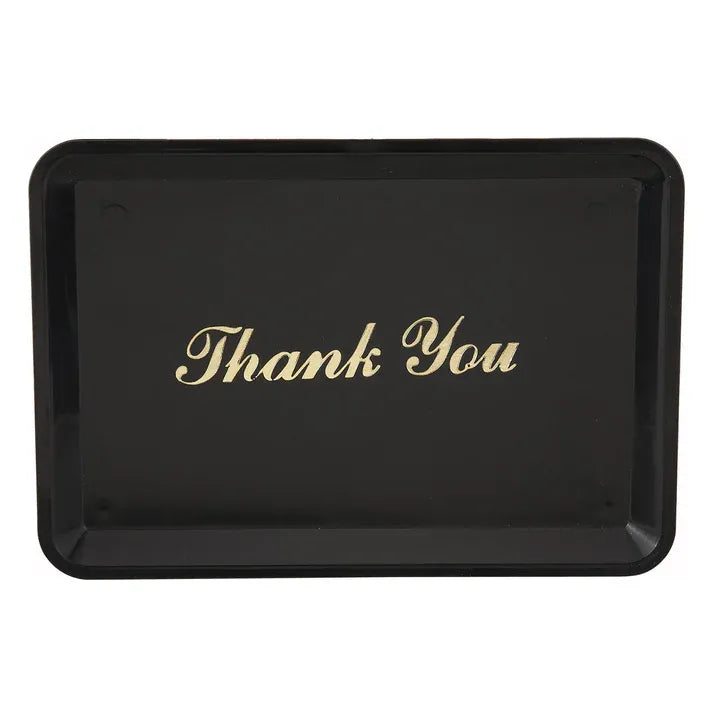 Winco plastic tip tray, black rectangular tray with gold Thank You lettering, sold in a pack of 12